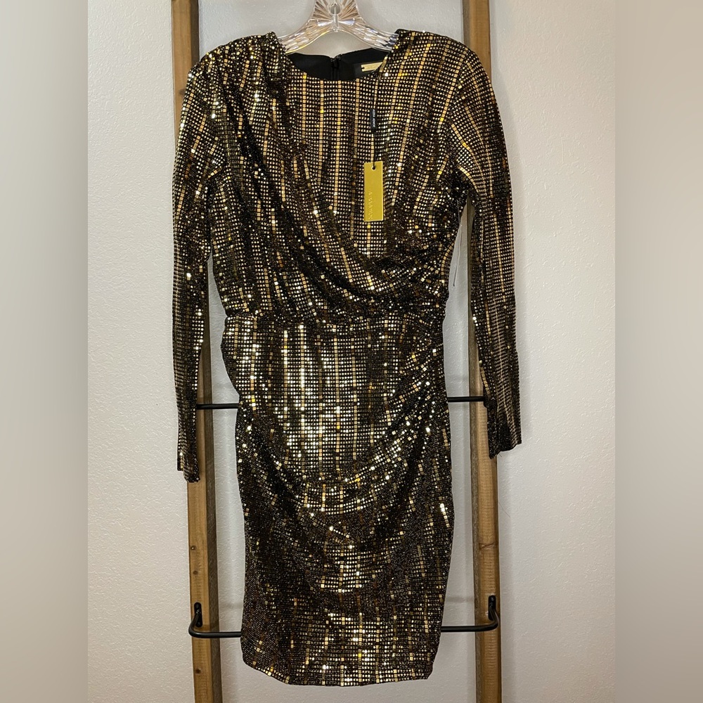 Alexia Admor Lurex Mini Dress Gold Metallic Sequin Long Sleeve NWT